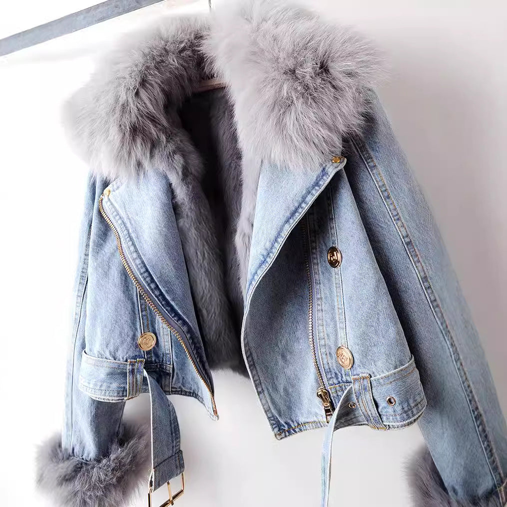 Luxe Denim Fox Fur Coat