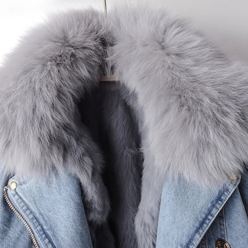 Luxe Denim Fox Fur Coat