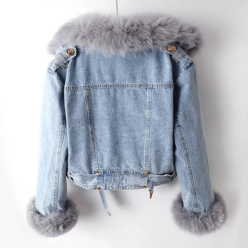 Luxe Denim Fox Fur Coat